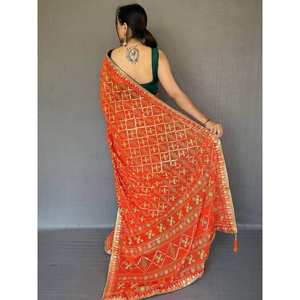 Classic Orange Georgette Saree with <b>Blouse</b> Festival Wear Evening Dresses - Product Image 5