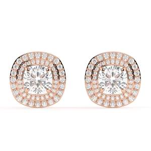 Boucles d'oreilles élégantes en or rose 14 carats avec diamant de laboratoire taille coussin et taille ronde, design tendance pour les soirées - Product Image 3