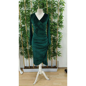 Robe mi-longue en velours pour femme, col enroulé, taille froncée, manches longues, 27722 - Vert - Product Image 5