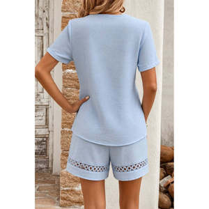 Conjunto de Dos Piezas para Mujer, Blusa de Manga Corta con Cuello en V y Pantalones Cortos, 37651 - Azul - Product Image 3