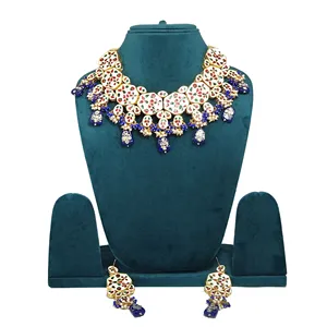 Ensemble de collier Kundan Meenakari bleu avec perles serties plaquées or, style vintage, zircon fin pour mariage ou cadeau - Product Image 2