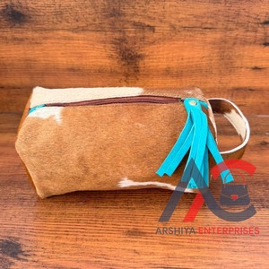 Neceser de piel de vaca con borla turquesa para mujer, bolso de cosméticos de cuero genuino occidental para almacenamiento de maquillaje - Product Image 1