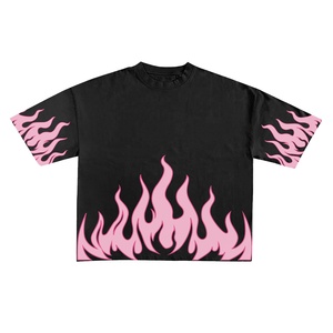Men's Black Short Sleeve T-<b>Shirt</b> With Pink <b>Flame</b> Print Oversized O-Neck Street Style Jersey Cotton <b>Shirt</b> - Product Image 1