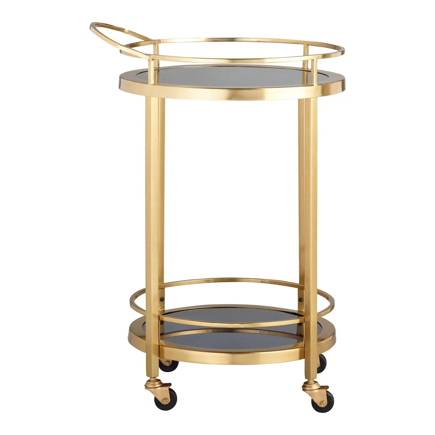 golden plated and black glass serving cart/3 tier bar cart round/barware round bar cart 3 tier serving tea cart in round shape