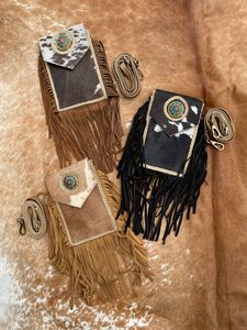 Pelo hecho a mano en cuero de vaca metálico turquesa flecos mujeres bandolera móvil bolso occidental cuero genuino Concho teléfono celular monedero - Product Image 3