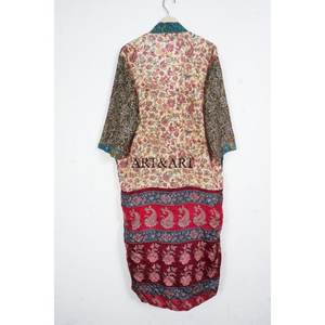 Handmade Vintage Silk Sari Kimono Bathrobe Full-Size Sexy Elegant V-neck Patchwork Front Drawstring Closure Soft Breathable - Product Image 5