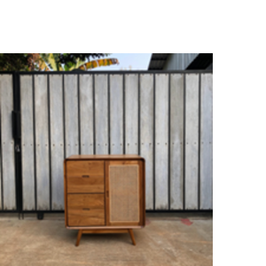 Table de chevet minimaliste en teck antique et rotin à deux tiroirs, meuble de chambre pour hôtel et appartement - Product Image 3