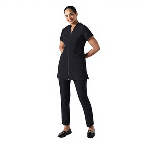 Ensemble de blouses médicales noires EVERGLOW pour femmes, col en V, fermeture éclair sur le devant, pantalon, uniforme d'hôpital, en polyester tissé, détection d'aiguilles, sans couture - Product Image 1