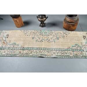 Tapis turc Vintage 2.5 X 8.5ft Beige Vert Patchwork Design Laine Matériel Latex Tabriz pour Maison Salon Chevet 2 Pouces de Large - Product Image 3