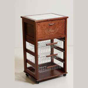 Chariot de cuisine MASLEGNO en bois massif de hêtre amélioré, porte-pain, roues en plastique, poignées en fer, plateau en carrelage – Design moderne pour garde-manger - Product Image 1