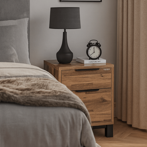 Minimalist Modern 2-<b>Drawer</b> Solid Wood Nightstand with Metal Legs 12-Month Warranty Bedroom Furniture Includes Assembly - Product Image 6