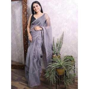 ชุดส่าหรีผ้าออร์แกนซ่าพิมพ์ลายดอกไม้สีเทาแม่เหล็กสำหรับผู้หญิง ดีไซน์หรูหราสำหรับงานปาร์ตี้ พร้อมเสื้อคลุม - Product Image 4