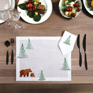 Wholesale Custom White Linen <b>Mats</b> Set Embroidered <b>Christmas</b> Tree and Bear Placemat Napkin Washable for Home Holiday - Product Image 3