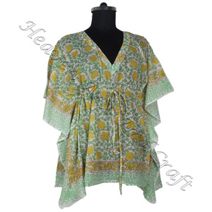 2025 dernières femmes col en V cordon taille mollet longueur courte caftan robe main bloc imprimé caftan à la main indien Caftan Abaya - Product Image 4