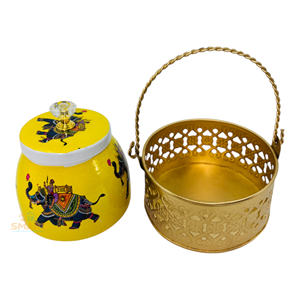 Iron Printed Pichwai Design Dry Fruit <b>Jar</b> with Decorative Basket Set Metal Food <b>Storage</b> & Wedding Gifting for Kitchen Use - Product Image 1
