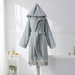 Peignoir turc à pompons bleu ciel, à capuche, 100% coton - Product Image 5