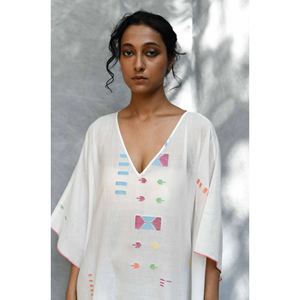 Caftán largo Jamdani color gis, estilo modesto, transpirable, diseño de talla grande, con volantes decorativos, para el día, club, casa, ocio, fiesta, talla única. - Product Image 2