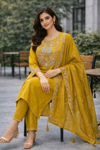 Ensemble Kurti et pantalon en coton et soie, style culturel gujarati, magnifique design de col, longueur genou, avec dupatta, pour femmes ou filles, spécial. - Product Image 2