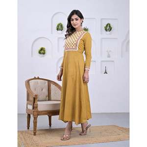 Vestido Anarkali Amarillo de Algodón con Estampado de Bloques, Estilo Pakistaní, Ropa Étnica India con Salwar Kameez - Product Image 4