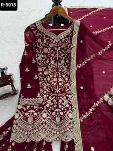 Traje Sharara de Estilo Indio y Pakistaní en Material Faux Georgette con Hilos y Lentejuelas, con Dupatta con Borde de Encaje para Mujer - Product Image 6