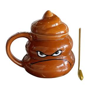 Taza de Agua de Cerámica con Diseño Novedoso de Emoji Popo, 400 ml, Apta para Lavavajillas y Microondas, con Tapa y Cuchara, Accesorio para Fiestas - Product Image 1