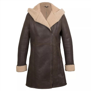 Abrigo de Cuero Tipo Gabardina para Mujer, Piel de Oveja Genuina, Color Marrón, Abrigo Largo de Invierno - Product Image 2