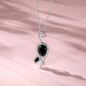 Jeulia <b>Black</b> Two-Stone <b>Cat</b> Pendant Necklace Sterling Silver with Rhodium Plating - Product Image 4