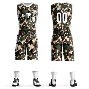 Ensembles d'uniformes de basketball d'été pour hommes, personnalisés, respirants, à séchage rapide, de haute qualité, imprimés numériquement, camouflage, 100 % polyester - Product Image 4