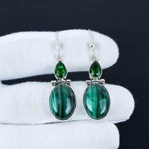 Pendiente de aniversario de bisel Natural de piedras preciosas de peridoto de malaquita de moda de estilo bohemio Chapado en plata de ley 925 de la mejor calidad - Product Image 2