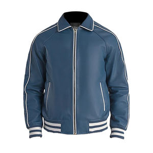 Chaqueta de cuero azul para hombre, moda con bolsillos delanteros, cierre y mangas completas, chaqueta de cuero de piel de oveja, chaqueta bordada - Product Image 1