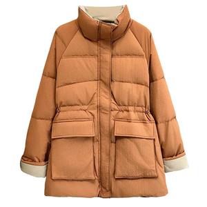 Femmes hiver chaud mi-long mince à capuche fermeture éclair Parkas à manches longues rembourré bouffée veste couleur unie fait peau de mouton coton - Product Image 1