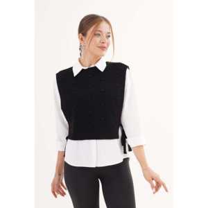 Pull noir texturé pour femme, tricoté à la main, avec fermeture à nouer sur le côté - Product Image 5