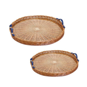 ชุดถาดหวายสานทรงกลม2ชิ้นพร้อมที่จับหนังดีไซน์หรูหราสีน้ำตาลเหมาะสำหรับเสิร์ฟอาหารในบ้านและห้องครัว - Product Image 1