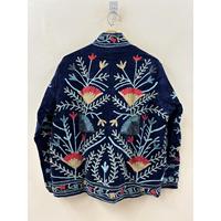 Veste d'automne pour femmes, réversible, en velours bleu nuit, col mandarin, broderie à la main Suzani, fabrication artisanale de Jaipur, en laine de mouton