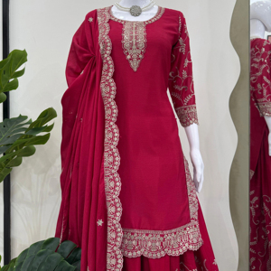 Thủ công dân tộc xuất sắc chinon lụa chủ đề sequined Top chảy Faux georgette plazo & bốn bên ren dupatta - Product Image 2