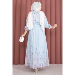 Vestido Casual de Lujo con Estampado Floral Azul Bebé, Cinturón y Botones Parciales, con Volantes hasta la Rodilla, Tallas XS-XXL, Transpirable, Natural, ODM para el Día a Día - Product Image 4