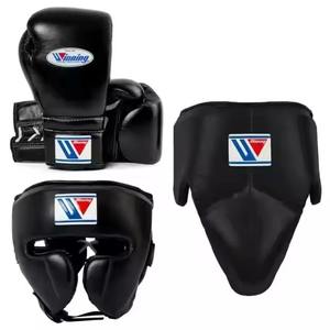 Conjunto de boxeo negro ganador, hecho de cuero vacuno genuino de alta calidad, con protector de cabeza y ingle, con envío gratuito - Product Image 1
