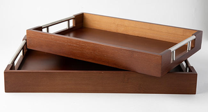 Juego de 2 bandejas de servir modernas de bambú con asas de metal, bandejas de madera marrón oscuro - Product Image 3