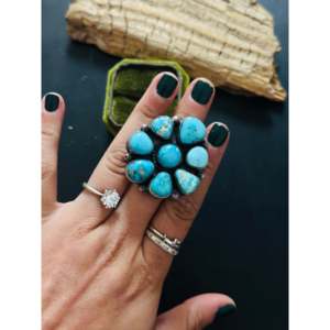 <b>Adjustable</b> Blue Ridge Turquoise Sterling <b>Silver</b> Cluster <b>Ring</b> Navajo Made Hip-Hop Style Invisible Setting Stainless Steel Gift - Product Image 2