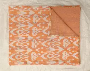 Elegant Orange Colour Vintage Kantha Quilts Patchwork Blanket Throw Cotton Bedspread for Guest Room and Living Room Decoration Q