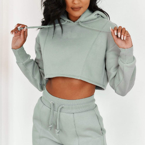 Custom Printed Logo Long Sleeve Crop Hooded Pullover Drawstring <b>Sweatshirt</b> Women's Solid Color Oversized Eco-Friendly Vintage - Product Image 3