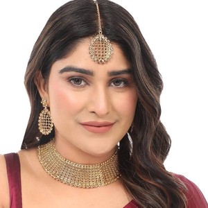 ชุดเครื่องประดับสร้อยคอมุกหินโพลกีสวยงาม ชุบทอง รูปทรงเรเดียนท์ 20 กะรัต ลูกปัดขนาด 3 มม. เครื่องประดับอินเดีย ของขวัญ ZUBEDA - Product Image 4