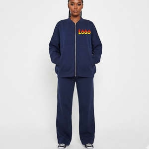 Ensemble de survêtement unisexe bleu marine personnalisé, coupe ample, avec sweat à capuche zippé et pantalon de jogging en molleton épais, vente en gros - Product Image 1