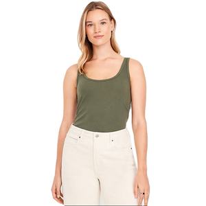 Camiseta sin mangas con cuello redondo verde oliva para mujer, Camiseta ajustada de tela de Spandex de algodón elástico suave para mujer, ropa informal o de verano en capas - Product Image 1