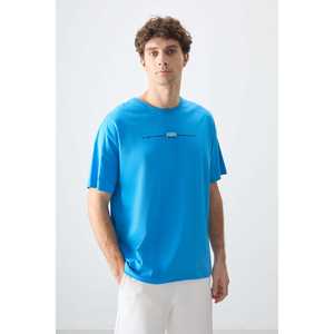 T-shirt pour homme 100% coton bleu pétrole, épais, doux, texturé, coupe ample avec motif imprimé - 88357, fabriqué en tissu jersey - Product Image 3