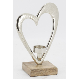 Elegante candelabro de corazón de metal plateado en base de madera, soporte de aluminio moderno hecho a mano para decoración del hogar y regalos de boda - Product Image 1