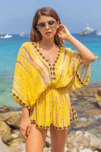 Nouvelle vente chaude robes de plage pour les vêtements pour femmes Boho vêtements jaune cravate teinture soie concepteur caftan plage couvrir - Product Image 4