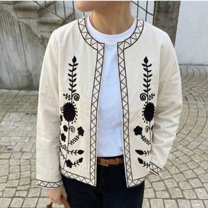 Women's Blouson Boho Suzani Embroidery Cotton <b>Jacket</b> <b>Mandarin</b> <b>Collar</b> Breathable Eco-Friendly Windproof Full Sleeve Autumn Winter - Product Image 1