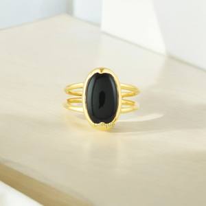 Anillo de Plata de Ley 925 hecho a mano con doble banda, piedra preciosa de ónix negro Natural con chapado en oro, joyería fina para mujer - Product Image 1