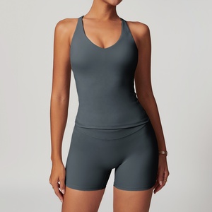 Seamless High Waist Full Length Leggings 2 Piece Set Scoop Neck Racerback Crop Top Solid Color Eco-Friendly Durable Yoga Set - Product Image 3